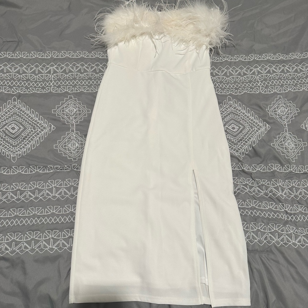 Fashion Nova White Strapless Dress with Feather Detail
